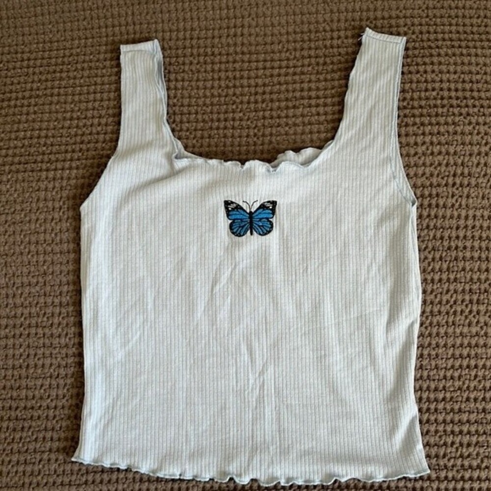 Caution to the wind blue butterfly light blue ribbed top